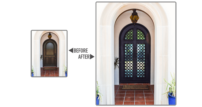 Iron work single door with rounded top before and after restoration