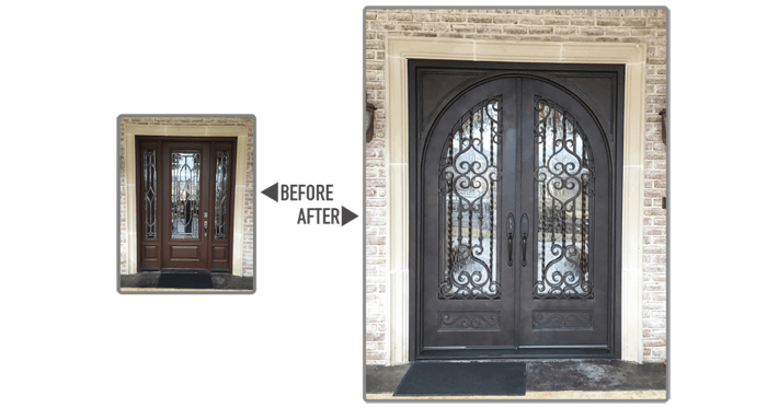 Single wooden door replaced with round top iron work door