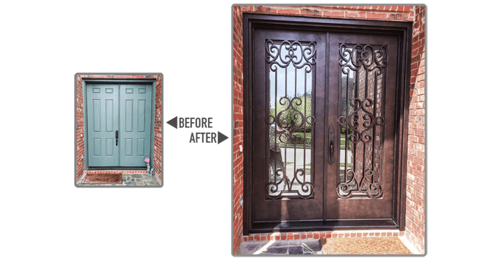 Blue wooden front door replaced with copper finish double front door with square top