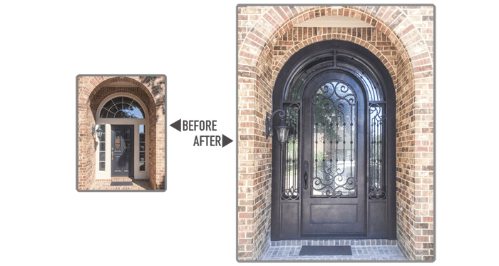 Square wooden door replaced with round top iron door