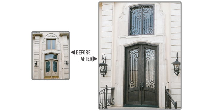 Wooden double doors with wave top replaced with iron work wave top