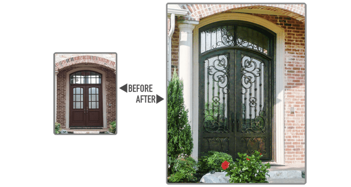 Square top wooden double door replaced with eyebrow top iron double doors