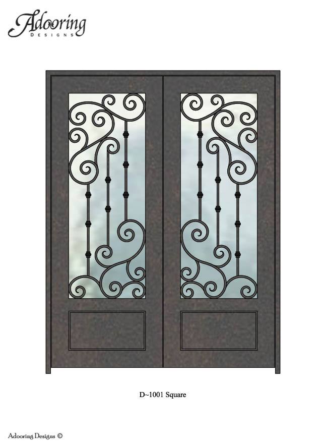 Square top door with large window and complex ironwork pattern