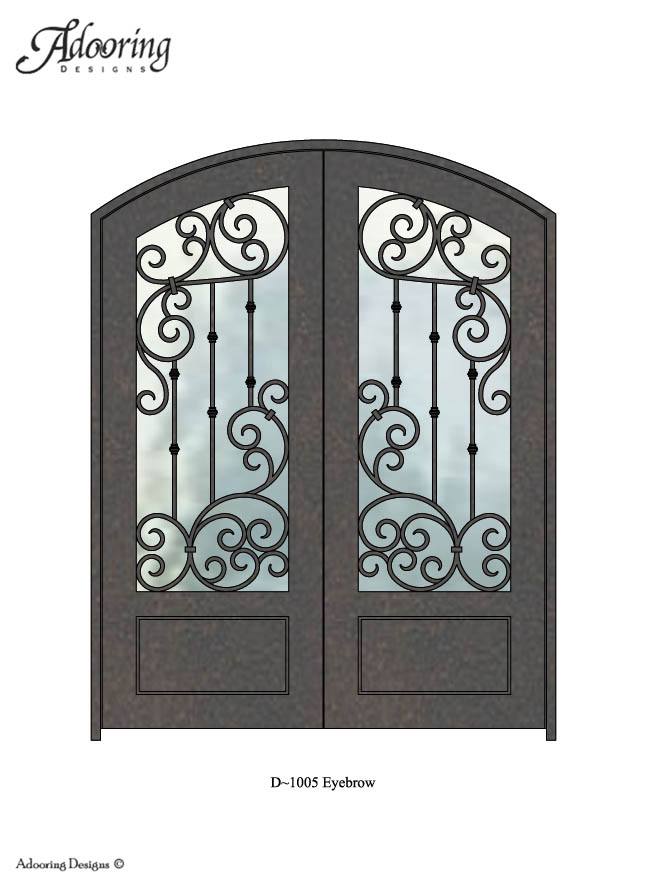 Eyebrow top iron door with large window and intricate design