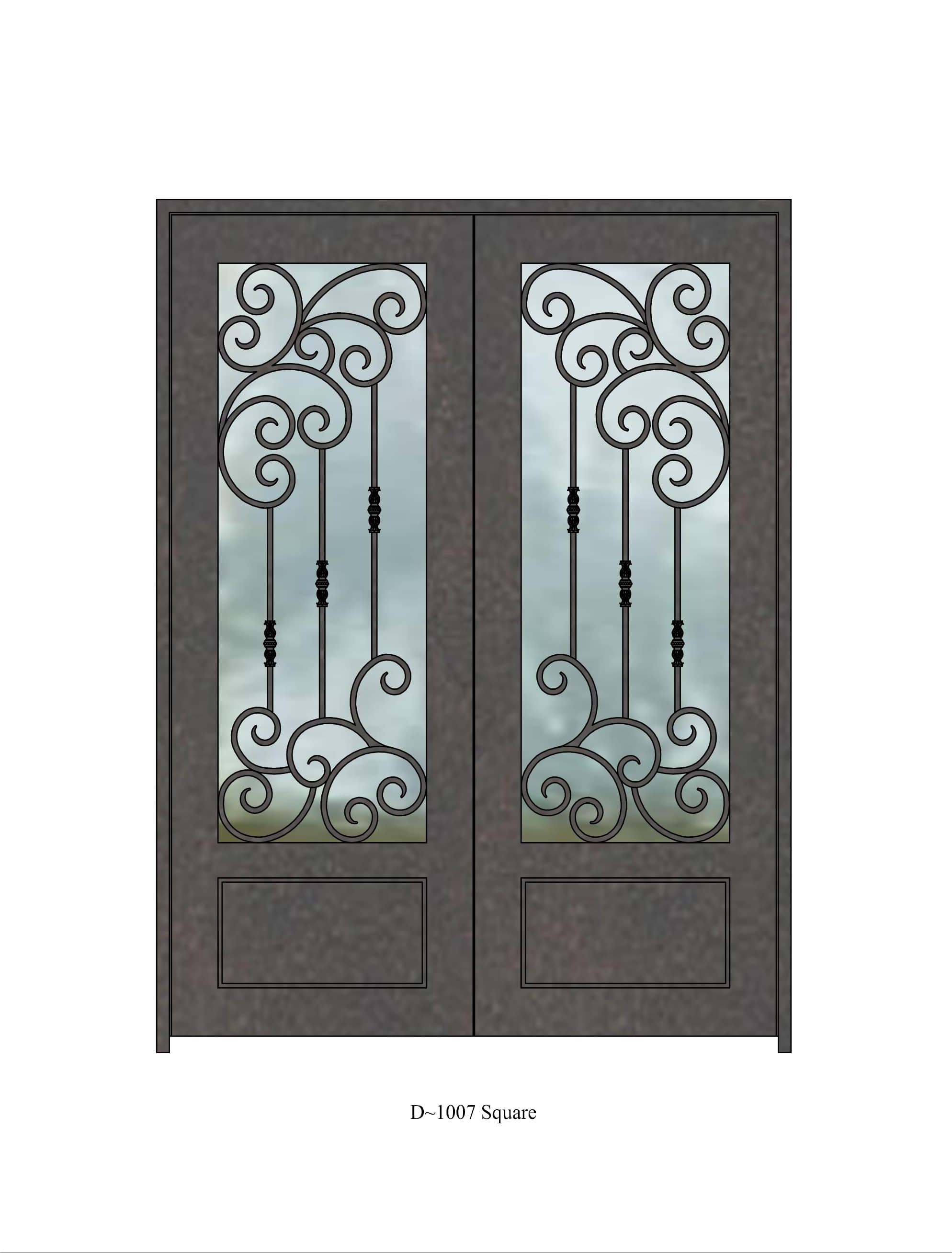 Square top iron door with large window and intricate pattern