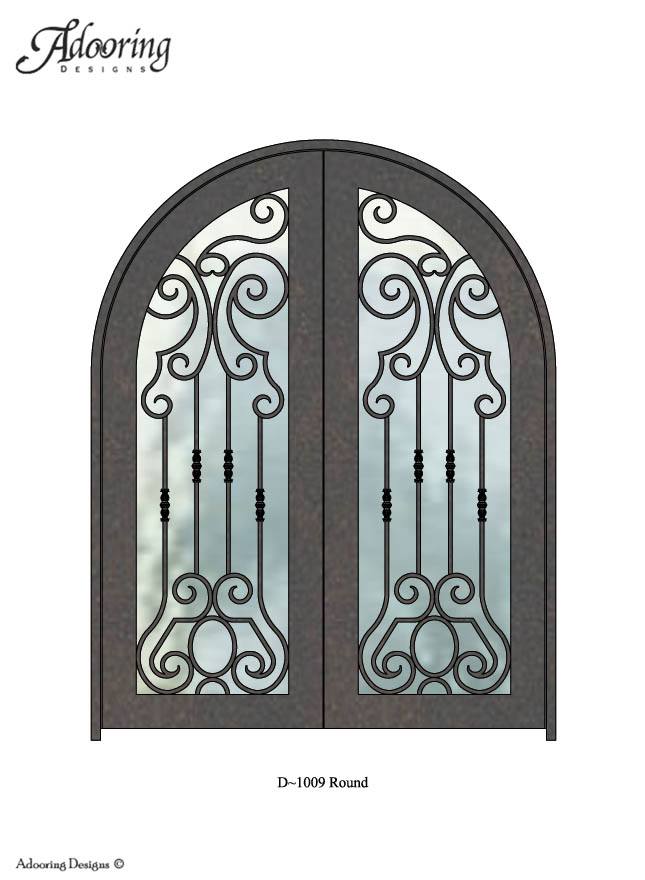 Large window in Round top iron door with intricate desig
