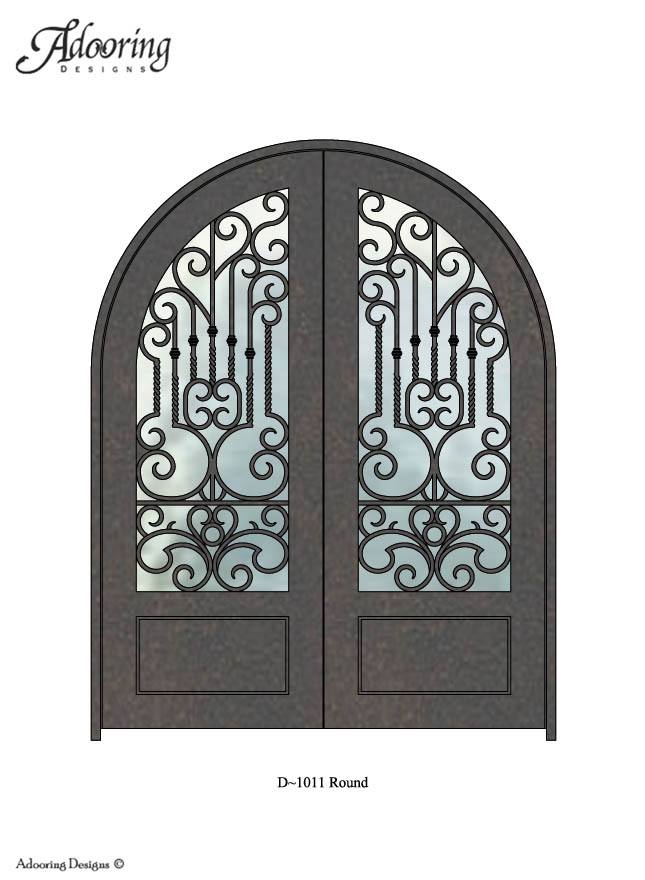Large window in Round top iron door with intricate pattern