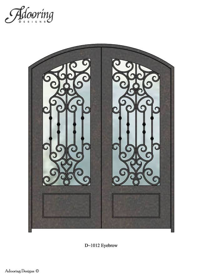 Large window in eyebrow top iron door with complex pattern