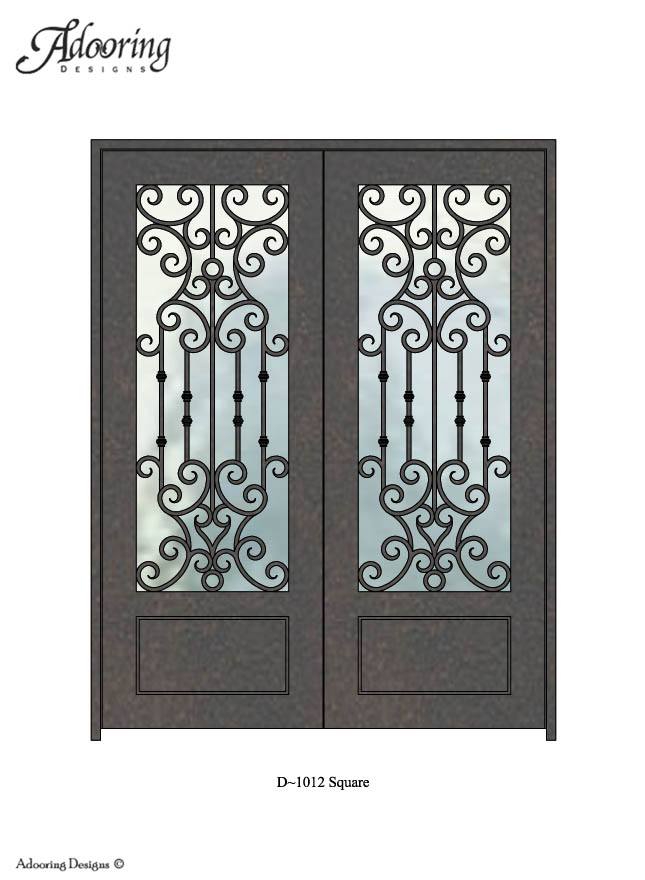 Large window in Square top iron door with complex pattern