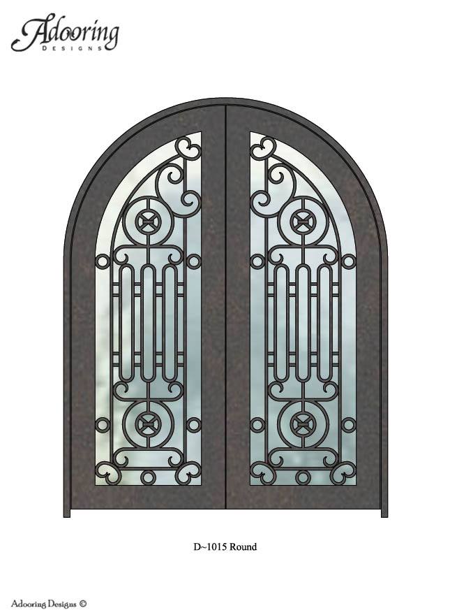 Large window in iron door with Round top and intricate pattern