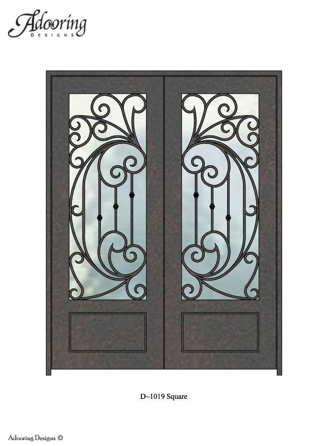 Large window in door with Square top and intricate pattern