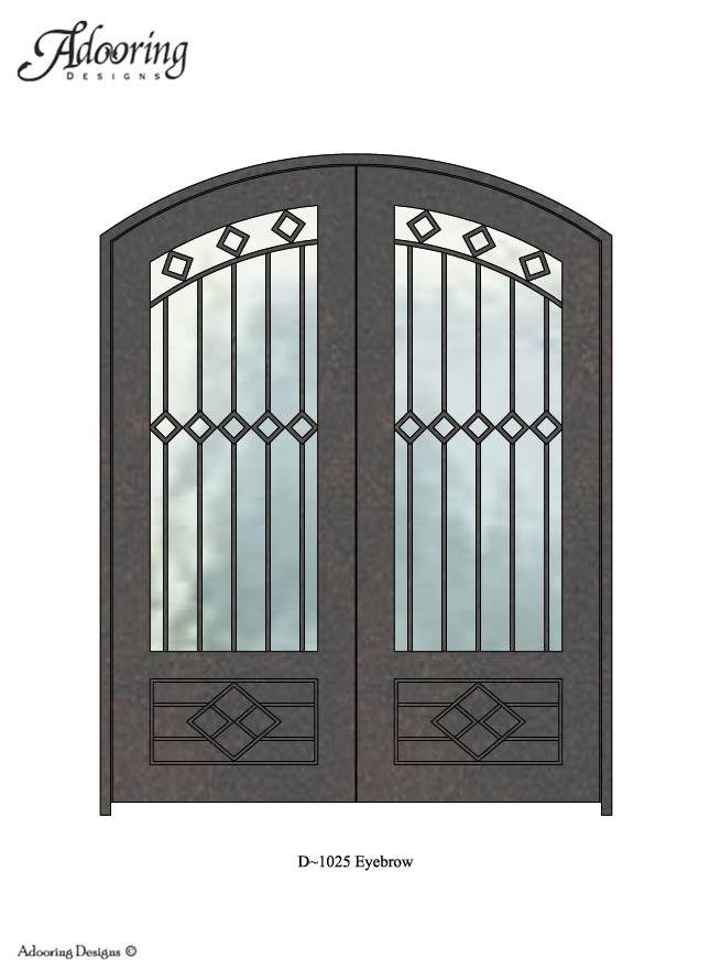 Large window in eyebrow top double door with intricate pattern