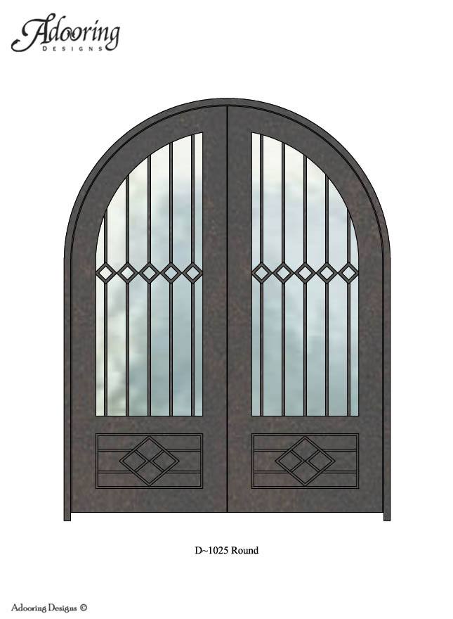 Large window in Round top single door with intricate pattern