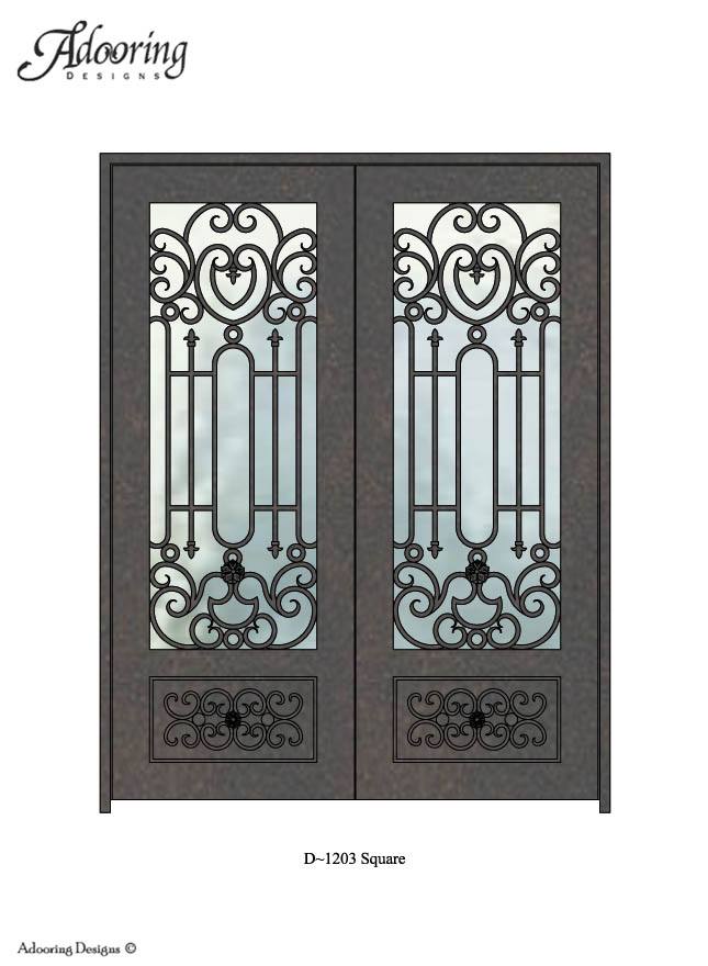 Square top single door with large window and complex design