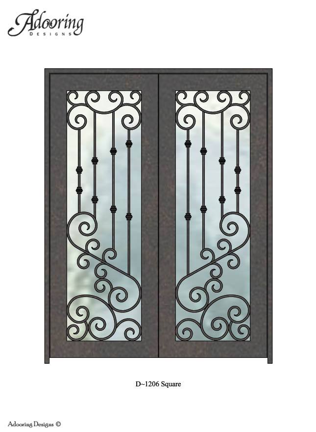 Square top single iron door with large window and intricate design