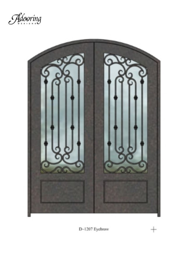 Eyebrow top double iron door with large window and complex design