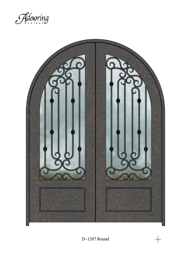 Round top single iron door with large window and complex design