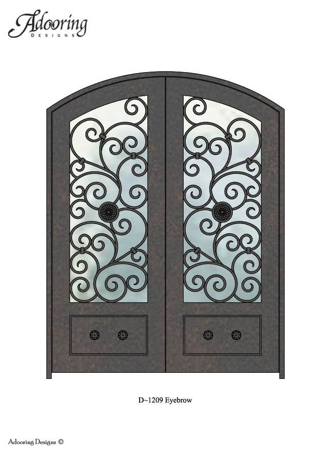 Eyebrow top double iron door with large window and intricate pattern