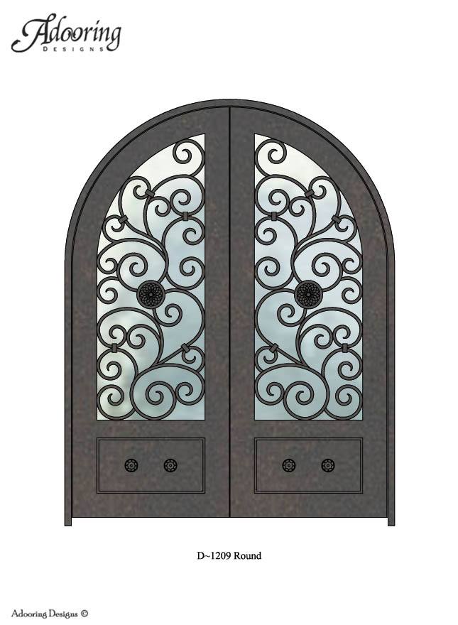 Round top single iron door with large window and intricate pattern