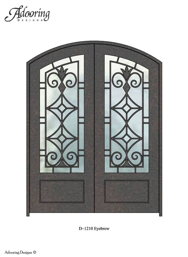 Eyebrow top double iron door with large window and complex pattern