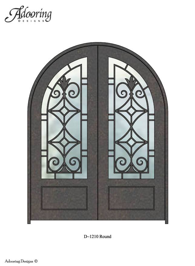 Round top single iron door with large window and complex pattern