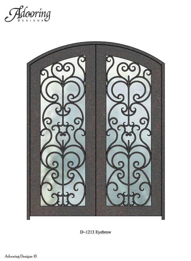 Eyebrow top door with large window and intricate ironwork design