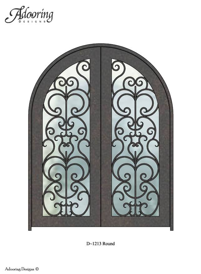 Round top door with large window and intricate ironwork pattern