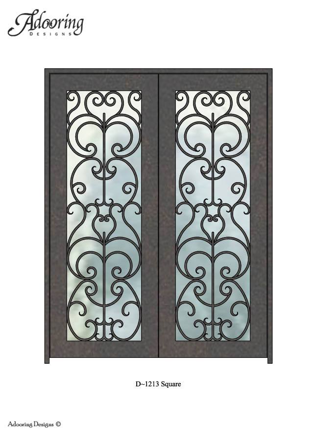 Square top door with large window and intricate ironwork pattern