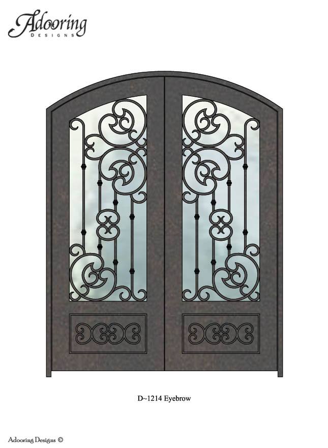 Eyebrow top door with large window and complex ironwork pattern