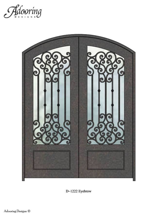 Intricate ironwork design over large window in eyebrow top door