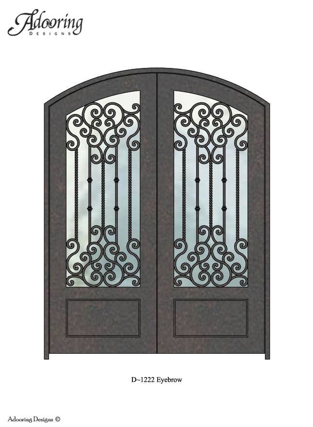Intricate ironwork design over large window in eyebrow top door