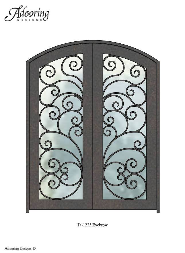 Complex ironwork design over large window in eyebrow top door