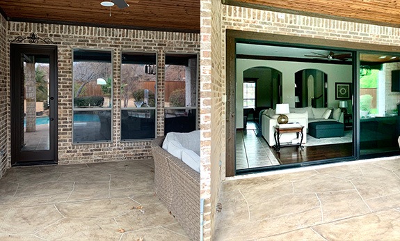 Before and after images of home with sliding glass wall