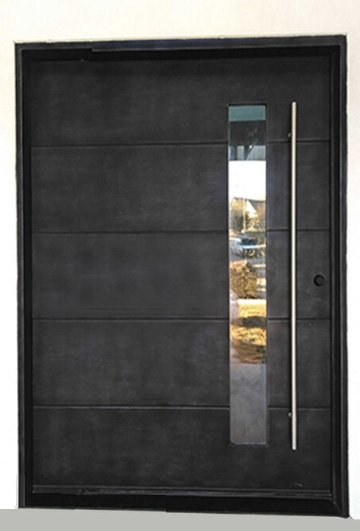 Large black finish front door with a square top and a long thin window that runs beside the door pull