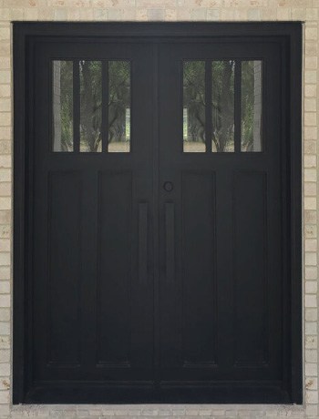 Square top black finish double front doors with barn door design