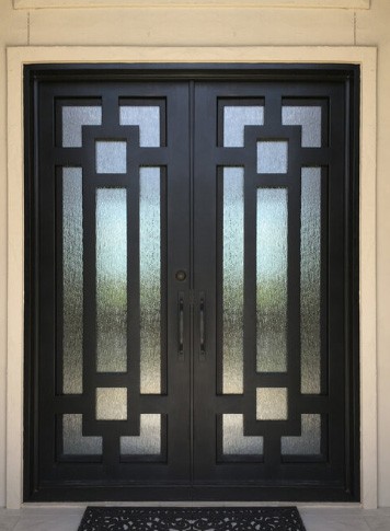 Black finish iron double doors square top with iron squares in a unique pattern