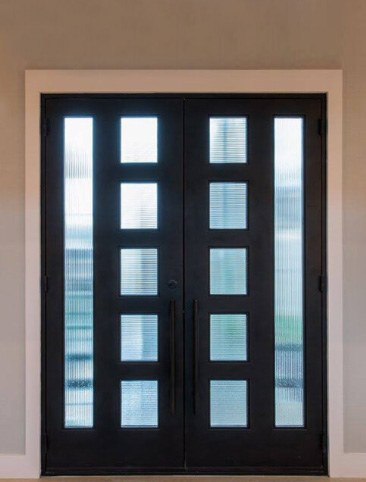 Square top double iron doors with black finish and a number of windows
