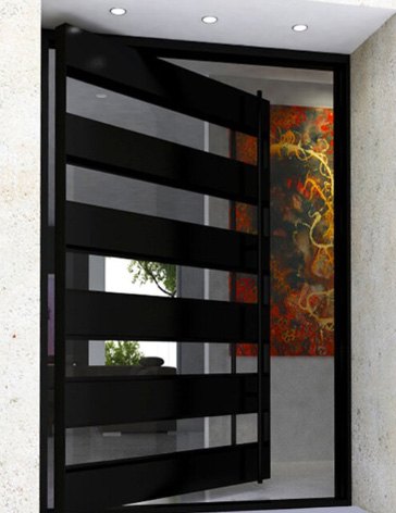 Door made from strips of black finish iron and windows