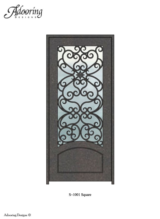 Square top door with large window and complex ironwork pattern