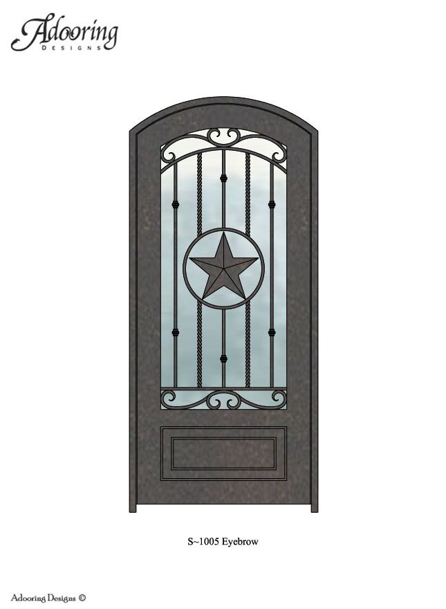 Eyebrow top iron door with large window and intricate design