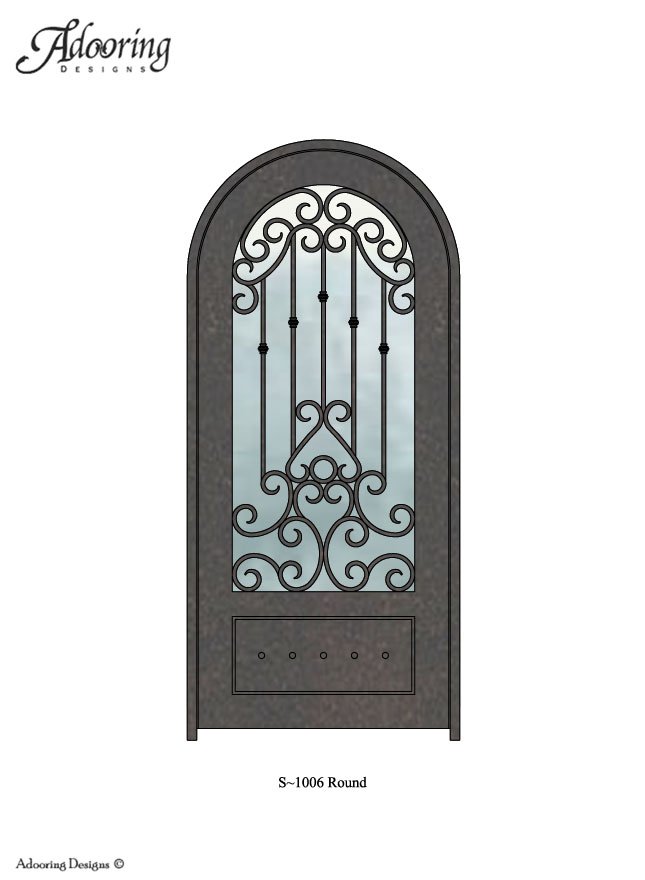 Round top iron door with large window and complex design