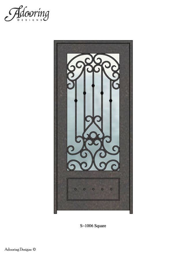 Square top iron door with large window and complex design