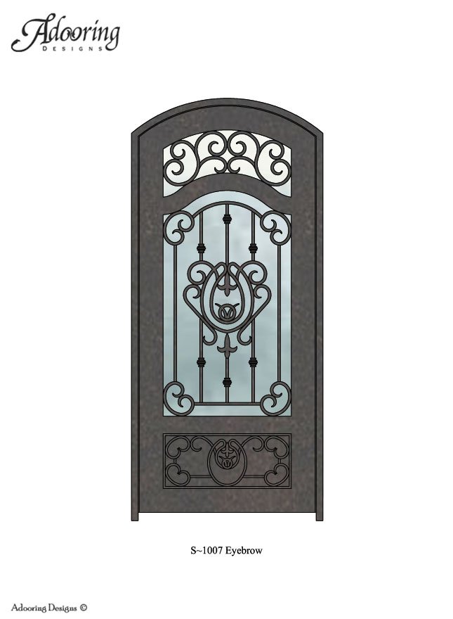 Eyebrow top iron door with large window and complex pattern