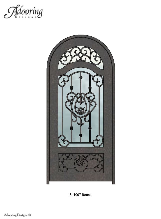 Round top iron door with large window and complex pattern