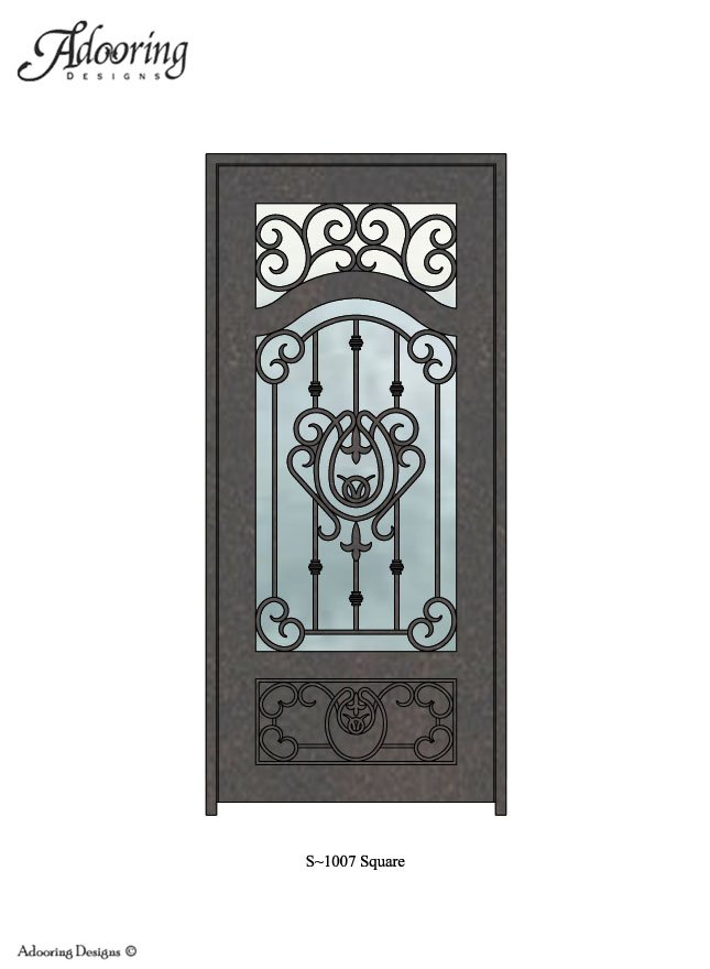 Square top iron door with large window and complex pattern