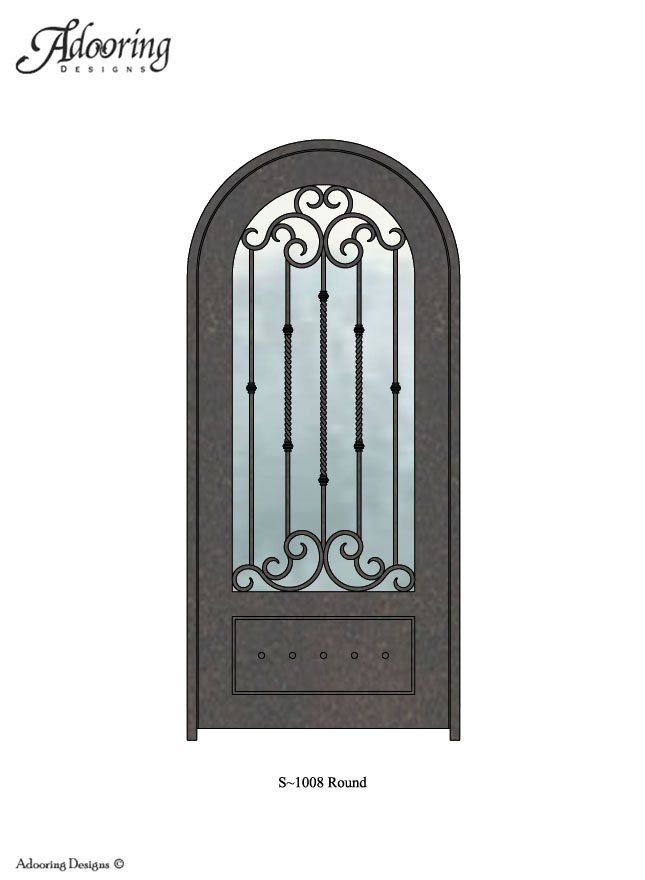 Round top iron door with large window and complex pattern