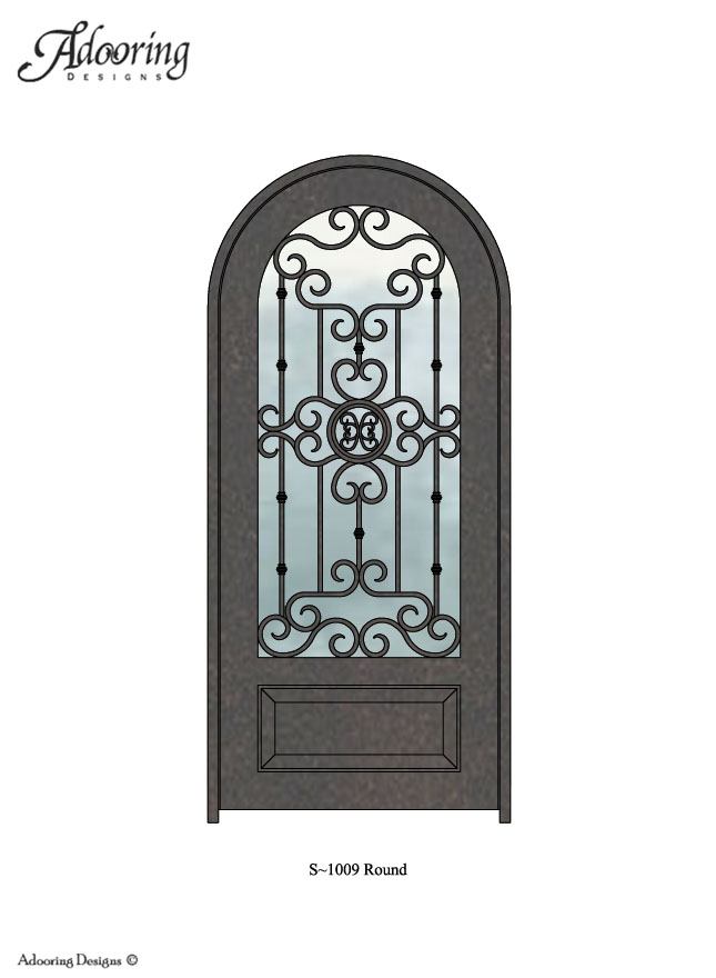 Large window in Round top iron door with intricate design