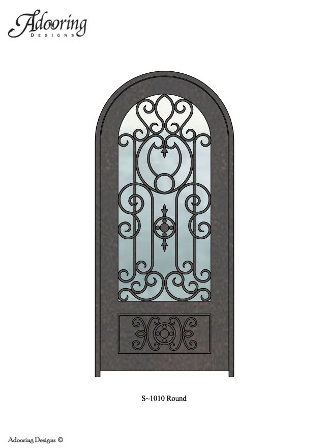 Large window in Round top iron door with complex design