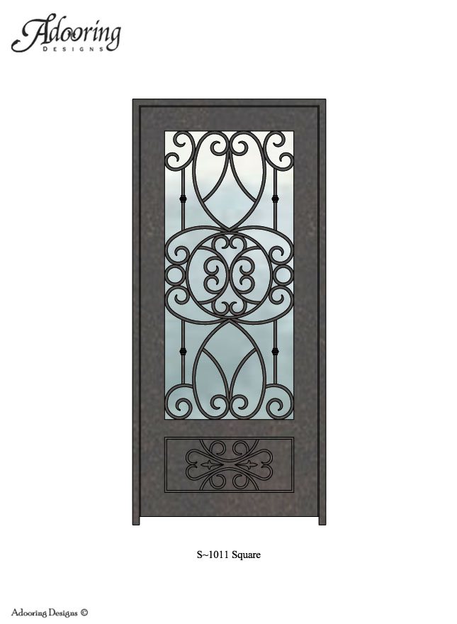 Large window in Square top iron door with intricate pattern