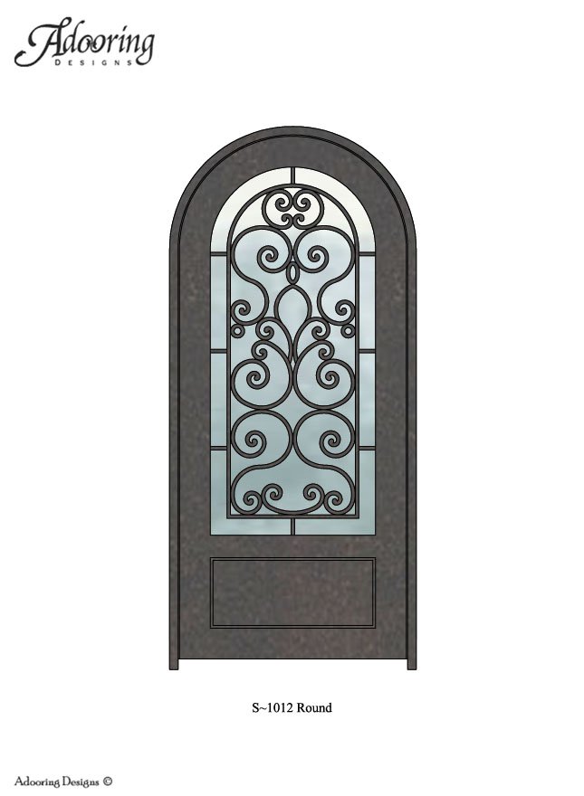 Large window in Round top iron door with complex pattern